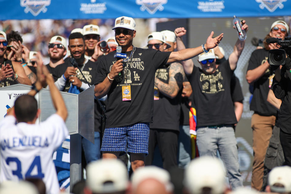 LOS ANGELES, CA - NOVEMBER 01: Mookie Betts #50 of the Los Angeles Dodgers speaks during the Los Angeles Dodgers World Series Celebration at Dodger Stadium on Friday, November 1, 2024 in Los Angeles, California. (Photo by Emma Sharon/MLB Photos via Getty Images)