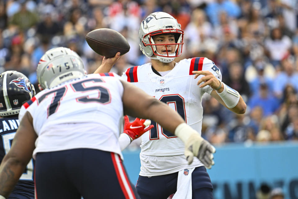 New England Patriots quarterback Drake Maye (10) throws against the Tennessee Titans during the second half of an NFL football game in Nashville, Tenn., Sunday, Nov. 3, 2024. (AP Photo/John Amis)