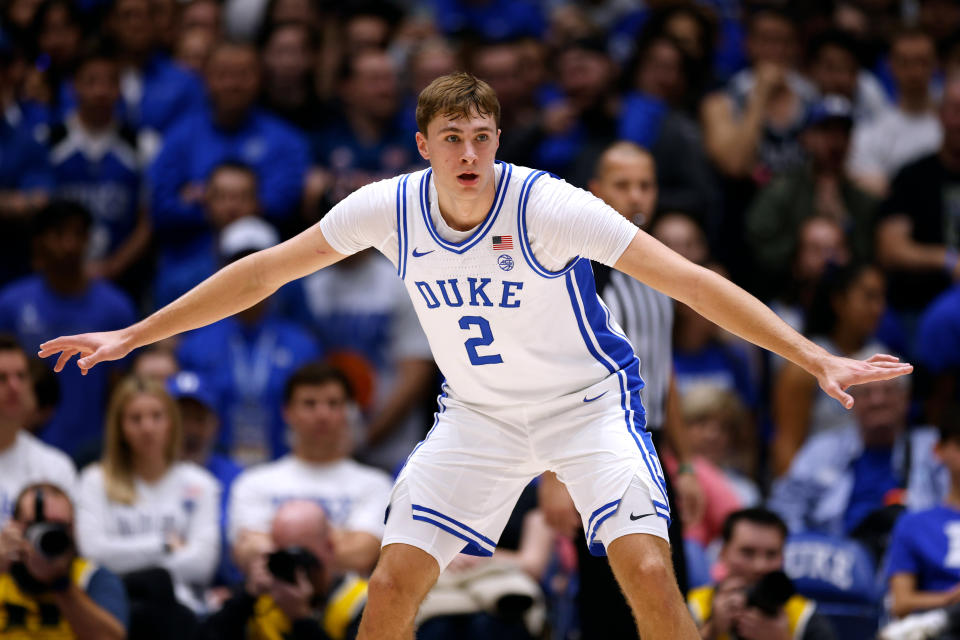 DURHAM, NORTH CAROLINA - NOVEMBER 16: Cooper Flagg #2 of the Duke Blue Devils in action on defense against the Wofford Terriers at Cameron Indoor Stadium on November 16, 2024 in Durham, North Carolina. (Photo by Lance King/Getty Images)