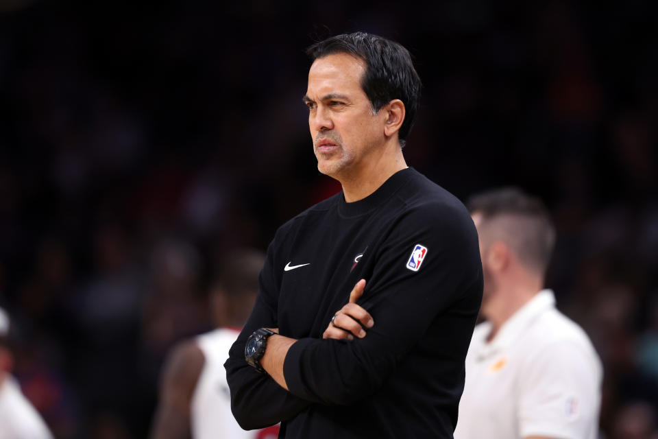 PHOENIX, ARIZONA - NOVEMBER 06: Head coach Erik Spoelstra of the Miami Heat looks on during the game against the Phoenix Suns at Footprint Center on November 06, 2024 in Phoenix, Arizona. The Suns defeated the Heat 115-112. NOTE TO USER: User expressly acknowledges and agrees that, by downloading and or using this photograph, User is consenting to the terms and conditions of the Getty Images License Agreement. (Photo by Chris Coduto/Getty Images)