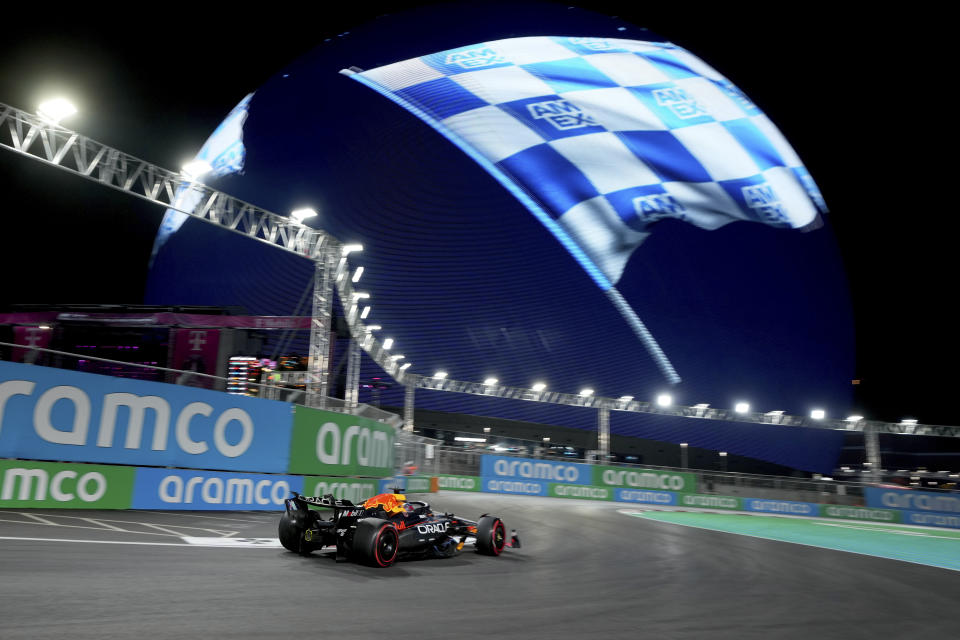 Red Bull driver Max Verstappen, of the Netherlands, drives the course during qualifying for the Formula One U.S. Grand Prix auto race, Friday, Nov. 22, 2024, in Las Vegas. (AP Photo/Rick Scuteri)