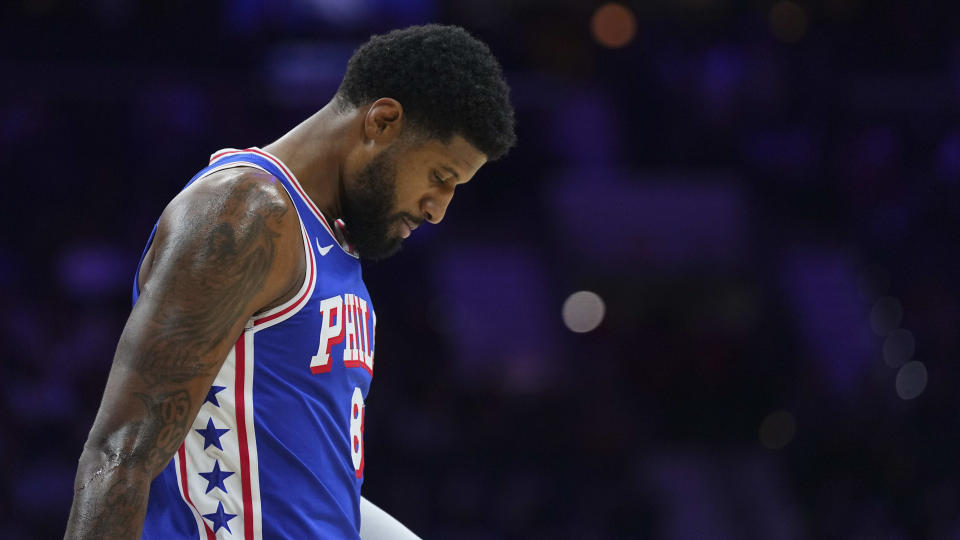 PHILADELPHIA, PENNSYLVANIA - NOVEMBER 10: Paul George #8 of the Philadelphia 76ers looks on against the Charlotte Hornets at the Wells Fargo Center on November 10, 2024 in Philadelphia, Pennsylvania. NOTE TO USER: User expressly acknowledges and agrees that, by downloading and/or using this photograph, user is consenting to the terms and conditions of the Getty Images License Agreement. (Photo by Mitchell Leff/Getty Images)