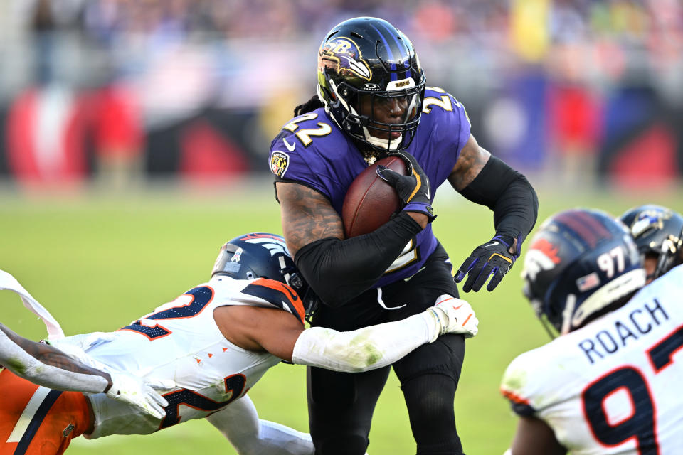  Derrick Henry continues to deliver for the Ravens and fantasy football managers, adding two more touchdowns in a Week 9 win. (Photo by Greg Fiume/Getty Images)