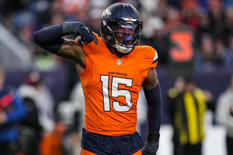 Denver Broncos linebacker Nik Bonitto (15) celebrates his sacking of Atlanta Falcons quarterback Kirk Cousins during the second half of an NFL football game, Sunday, Nov. 17, 2024, in Denver. (AP Photo/Jack Dempsey)