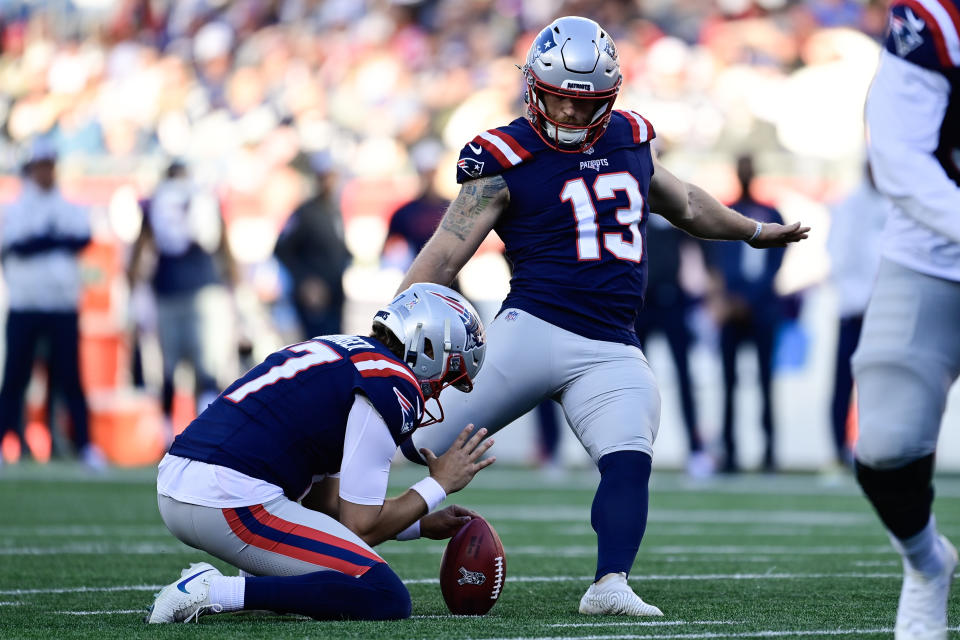 Joey Slye #13 of the New England Patriots kicks a field goal during the second quarter against the Los Angeles Rams at Gillette Stadium on November 17, 2024 in Foxborough, Massachusetts. (Photo by Billie Weiss/Getty Images)