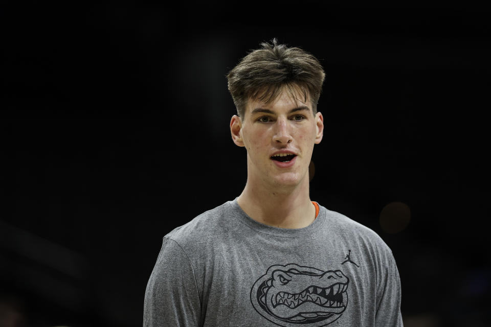 JACKSONVILLE, FLORIDA - NOVEMBER 04: Olivier Rioux #32 of the Florida Gators looks on before the start of a game against the South Florida Bulls at VyStar Veterans Memorial Arena on November 04, 2024 in Jacksonville, Florida. (Photo by James Gilbert/Getty Images)