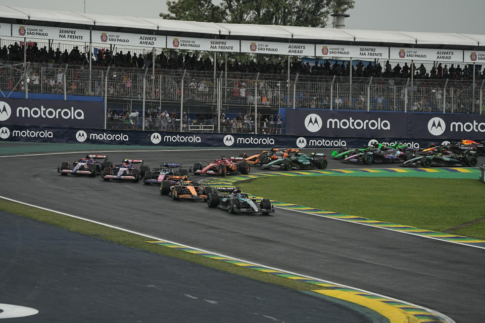 SAO PAULO, BRAZIL - NOVEMBER 3: Driver George Russel of Mercedes (F), in action during the Grand Prix Sao Paulo of Formula 1 2024 at Interlagos autodrome in Sao Paulo, Brazil, on November 3. (Photo by Stringer/Anadolu via Getty Images)