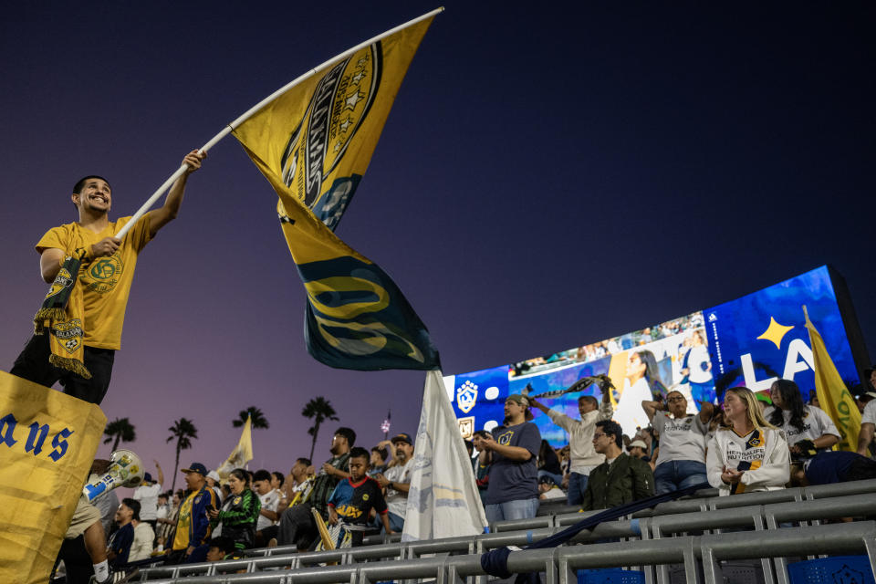 CARSON, CA - SEPTEMBER 14: Los Angeles Galaxy Galaxians Supporters Group cheer prior to the game against Los Angeles FC at Dignity Health Sports Park on September 14, 2024 in Carson, California. The Los Angeles Galaxy won 4-2. (Photo by Shaun Clark/Getty Images)