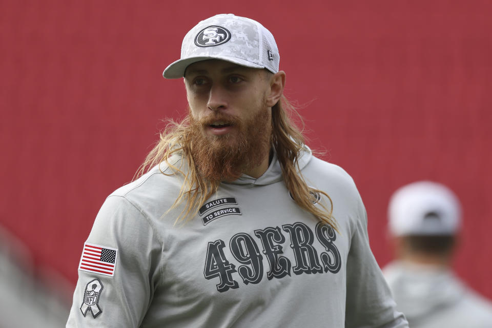 San Francisco 49ers tight end George Kittle wears a Salute to Service logo while warming up before an NFL football game against the Seattle Seahawks in Santa Clara, Calif., Sunday, Nov. 17, 2024. (AP Photo/Jed Jacobsohn)