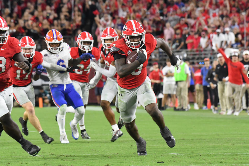 JACKSONVILLE, FL - NOVEMBER 2: CJ Allen #3 of the Georgia Bulldogs returns an interception during a game between University of Florida and University of Georgia at EverBank Stadium on November 2, 2024 in Jacksonville, Florida. (Photo by Perry McIntyre/ISI Photos/Getty Images)