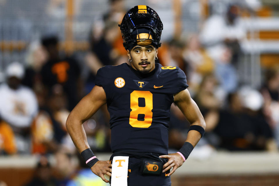 KNOXVILLE, TENNESSEE - NOVEMBER 02: Nico Iamaleava #8 of the Tennessee Volunteers looks onprior to the game at Neyland Stadium between Kentucky and Tennessee on November 02, 2024 in Knoxville, Tennessee. (Photo by Johnnie Izquierdo/Getty Images)