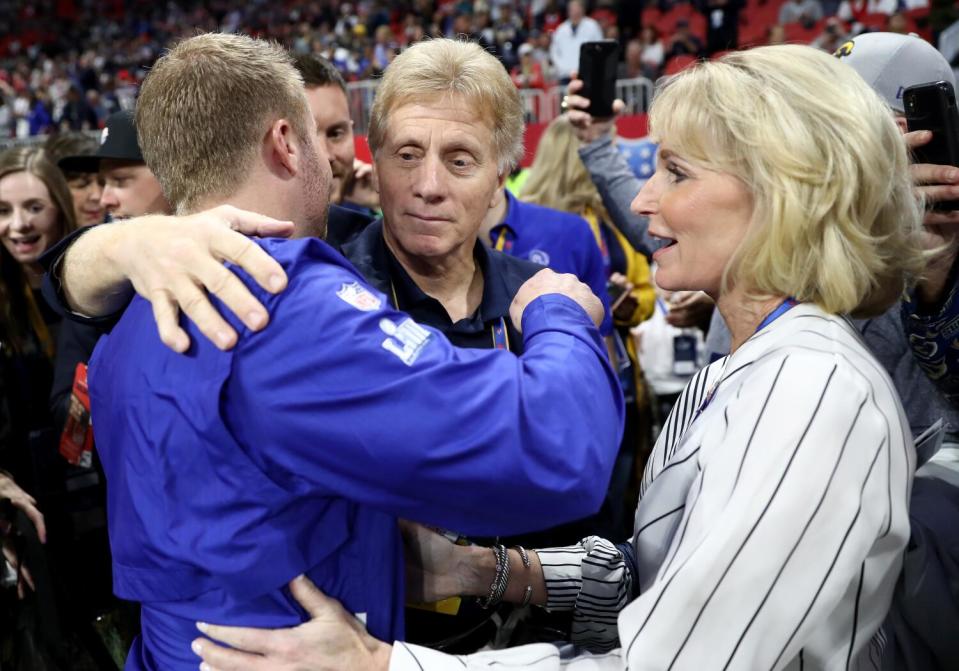 Rams coach Sean McVay greets his parents Tim and Cindy ahead of the start of Super Bowl LIII.