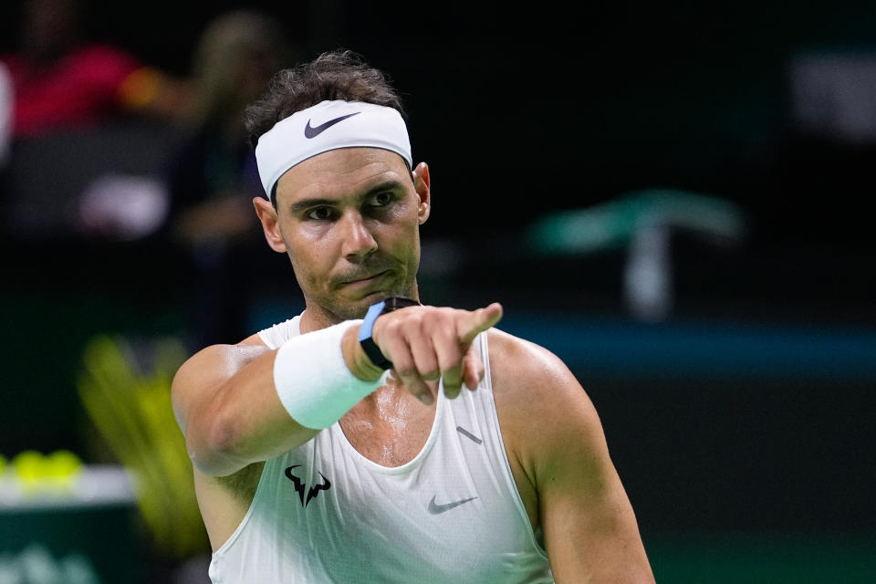 MALAGA, SPAIN - NOVEMBER 18: Rafael Nadal of Spain practices during the Davis Cup 2024 at Martin Carpena Pavilion on November 18, 2024, in Malaga, Spain. (Photo By Oscar J. Barroso/Europa Press via Getty Images)