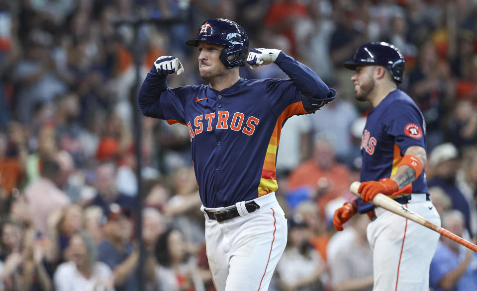 Sep 22, 2024; Houston, Texas, USA; Houston Astros third baseman Alex Bregman (2) celebrates after hitting a home run during the fifth inning against the Los Angeles Angels at Minute Maid Park. Mandatory Credit: Troy Taormina-Imagn Images