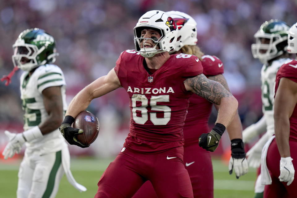 Arizona Cardinals tight end Trey McBride celebrates a first down in a win over the New York Jets. (AP Photo/Brynn Anderson)