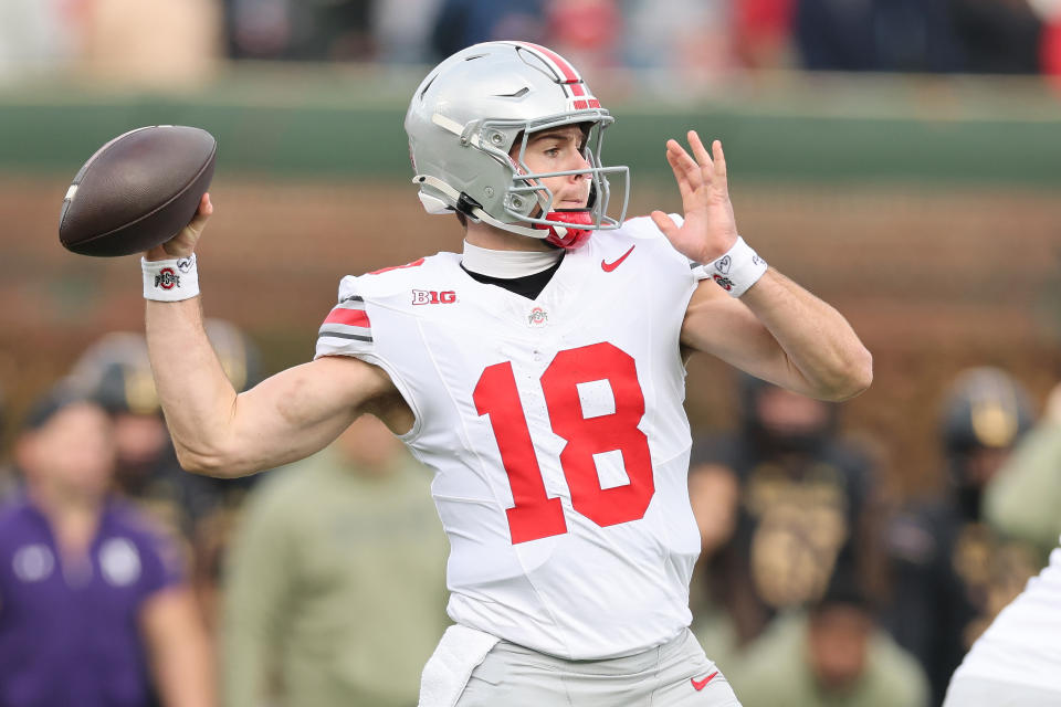 CHICAGO, ILLINOIS - NOVEMBER 16: Will Howard #18 of the Ohio State Buckeyes throws a pass against the Northwestern Wildcats during the second half at Wrigley Field on November 16, 2024 in Chicago, Illinois. (Photo by Michael Reaves/Getty Images)