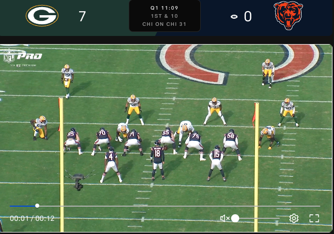 On the Chicago Bears’ first play vs. the Green Bay Packers, Caleb Williams (18) lined up in shotgun with running back D’Andre Swift to his left, receiver Rome Odunze to his right. (NFL Pro /Film Room)