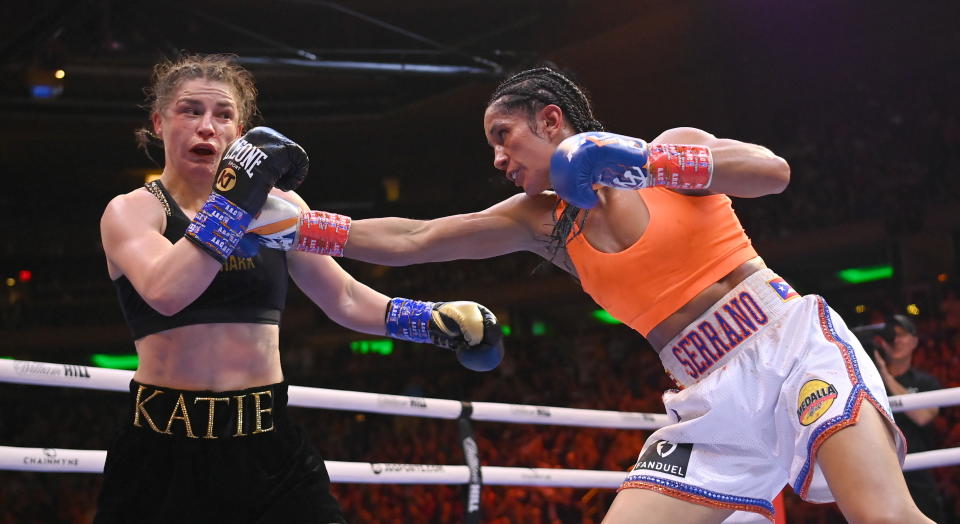 New York , United States - 30 April 2022; Amanda Serrano, right, and Katie Taylor during their undisputed world lightweight championship fight at Madison Square Garden in New York, USA. (Photo By Stephen McCarthy/Sportsfile via Getty Images)