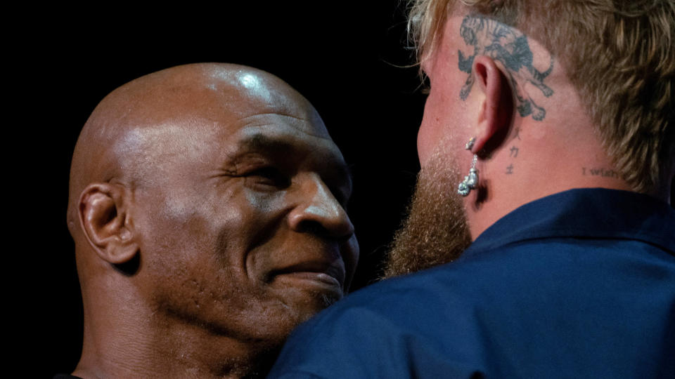 FILE PHOTO: Boxers Mike Tyson and Jake Paul face off during a news conference, ahead of their postponed professional fight which was set to take place at AT&T Stadium in Arlington, Texas on July 20, in New York City, U.S., May 13, 2024. REUTERS/David 'Dee' Delgado/File Photo