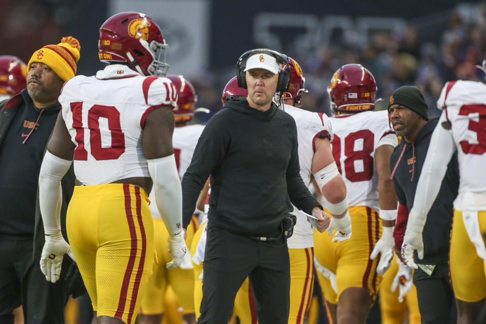 SEATTLE, WA - NOVEMBER 02: USC head coach Lincoln Riley during a college football game between the Washington Huskies and the USC Trojans on November 2, 2024 at Alaska Airlines Field at Husky Stadium in Seattle, WA. (Photo by Jesse Beals/Icon Sportswire via Getty Images)