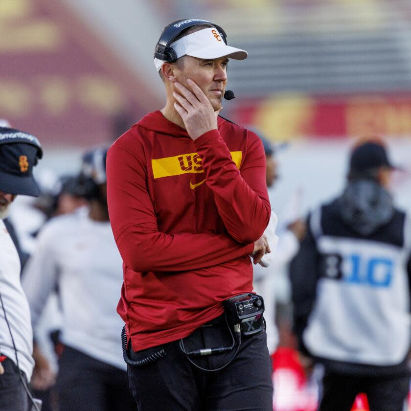 USC coach Lincoln Riley watches from the sideline against Nebraska.