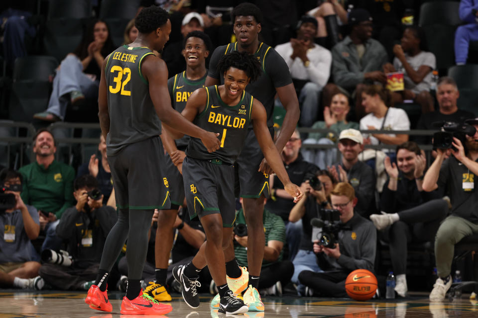 WACO, TEXAS - NOVEMBER 12: Robert Wright III #1 of the Baylor Bears celebrates after scoring during the second half against the Sam Houston State Bearkats at Foster Pavilion on November 12, 2024 in Waco, Texas. (Photo by Sam Hodde/Getty Images)