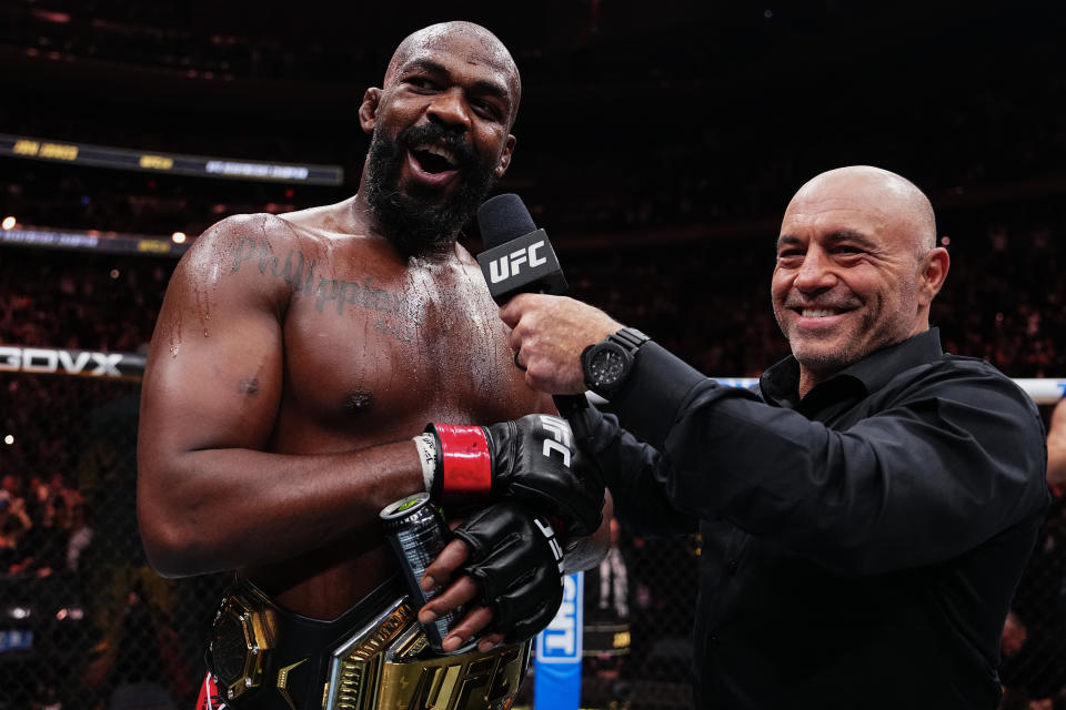 NEW YORK, NEW YORK - NOVEMBER 16: (L-R) Jon Jones of the United States of America talks to Joe Rogan after his TKO victory against Stipe Miocic of the United States of America in the UFC heavyweight championship fight during the UFC 309 event at Madison Square Garden on November 16, 2024 in New York City. (Photo by Jeff Bottari/Zuffa LLC)