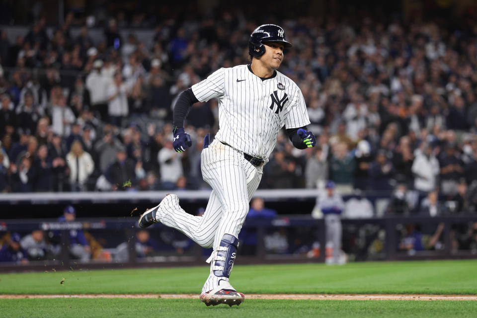 NEW YORK, NEW YORK - OCTOBER 29: Juan Soto #22 of the New York Yankees doubles during the eighth inning of Game Four of the 2024 World Series against the Los Angeles Dodgers at Yankee Stadium on October 29, 2024 in the Bronx borough of New York City. (Photo by Sarah Stier/Getty Images)