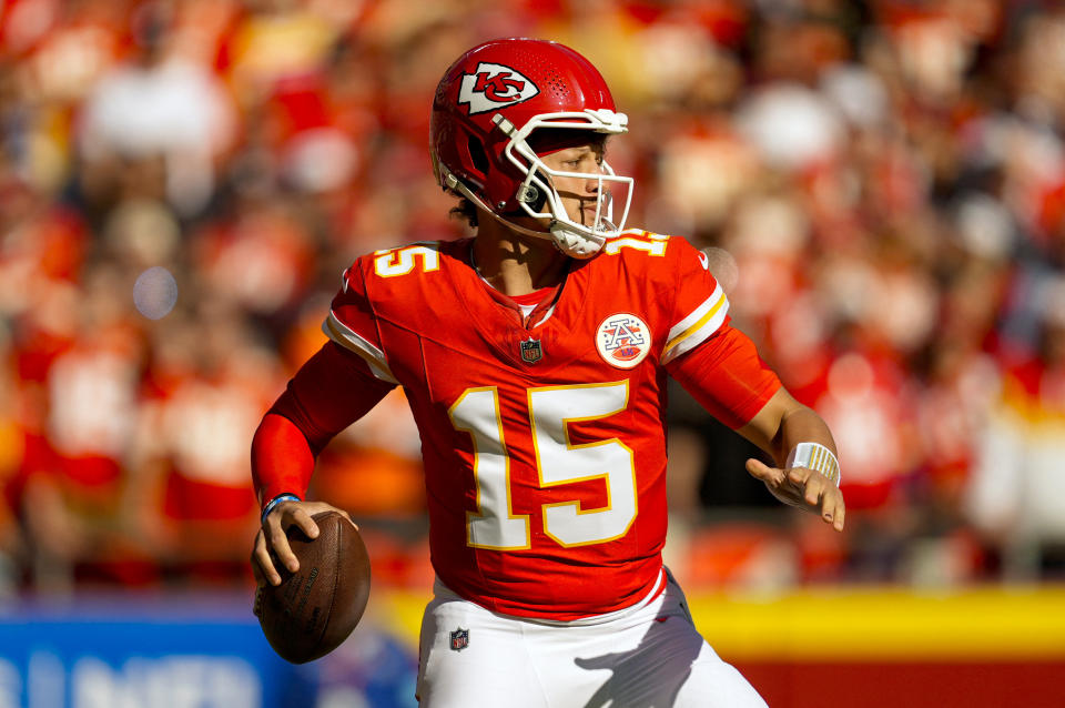 Nov 10, 2024; Kansas City, Missouri, USA; Kansas City Chiefs quarterback Patrick Mahomes (15) drops back to pass during the first half against the Denver Broncos at GEHA Field at Arrowhead Stadium. Mandatory Credit: Jay Biggerstaff-Imagn Images