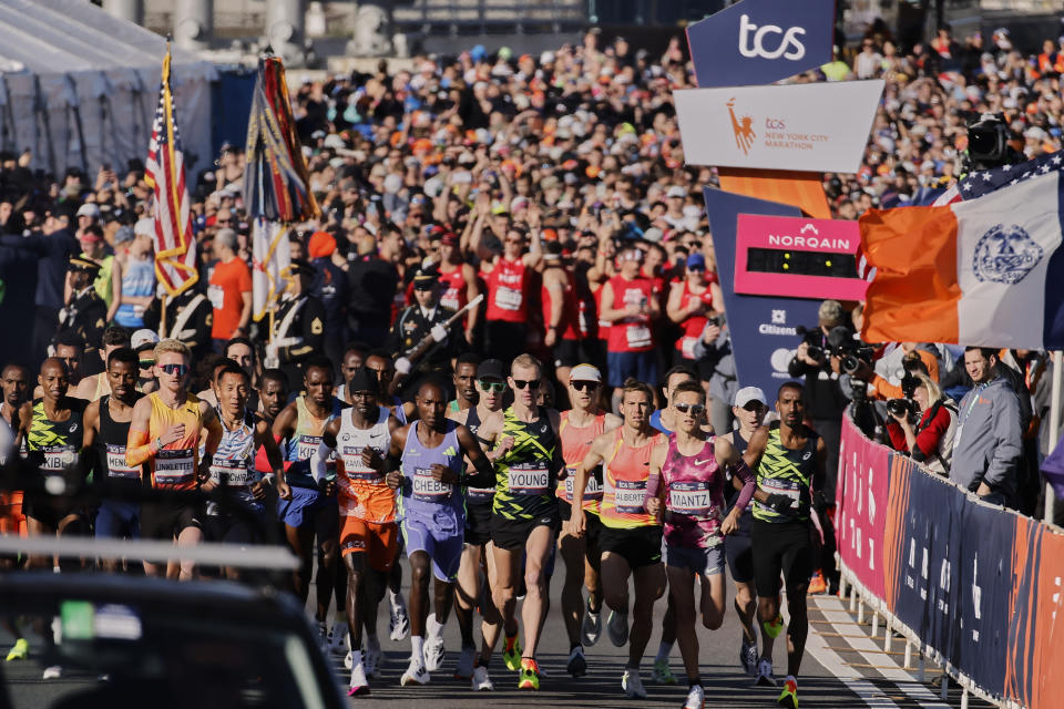 Runners in the men's elite division make their way from the start line during the New York City Marathon, Sunday, Nov. 3, 2024, in New York. (AP Photo/Eduardo Munoz Alvarez)