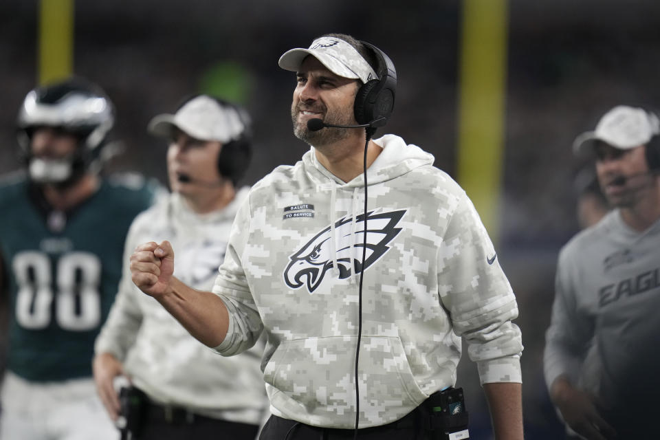 Nick Sirianni's Eagles have won the turnover battle in five straight games (all wins) and are 23-1 when they do so in his tenure. (AP Photo/Julio Cortez)