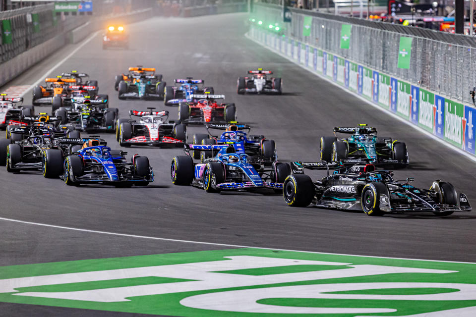 Start view on the race at Formula 1 Heineken Silver Las Vegas Grand Prix on Nov 18, 2023 in Las Vegas, USA. (Photo by Robert Szaniszlo/NurPhoto via Getty Images)