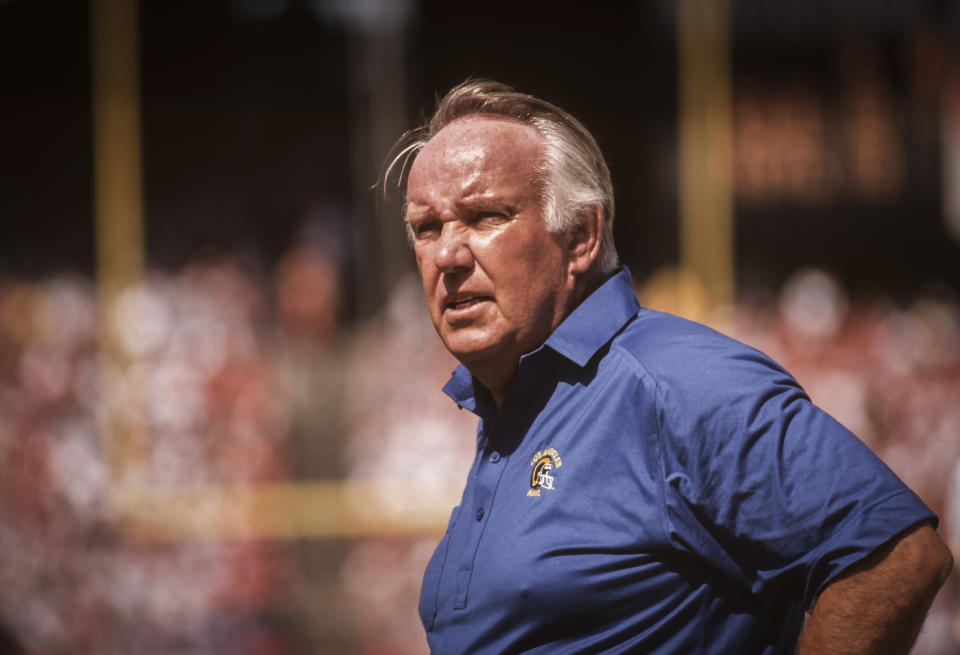 Former Rams coach John Robinson, seen here at Candlestick Park in 1991, died on Monday. He was 89.