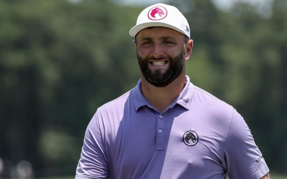 Captain Jon Rahm of Legion XIII reacts on the fourth green during day one of the LIV Golf Invitational at Golf Club of Houston on June 7, 2024 in Humble, Texas