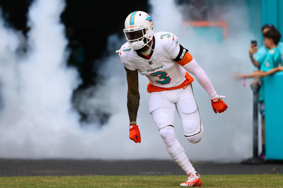 Oct 27, 2024; Miami Gardens, Florida, USA; Miami Dolphins wide receiver Odell Beckham Jr. (3) enters the field before the game against the Arizona Cardinals at Hard Rock Stadium. Mandatory Credit: Sam Navarro-Imagn Images