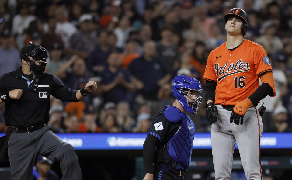 DETROIT, MI - SEPTEMBER 13: Coby Mayo #16 of the Baltimore Orioles reacts after being called out on strikes by home plate umpire Will Little n(L) with catcher Dillon Dingler #38 of the Detroit Tigers behind the plate in the ninth inning at Comerica Park on September 13, 2024 in Detroit, Michigan. (Photo by Duane Burleson/Getty Images)