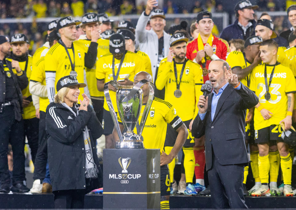 COLUMBUS, OH - DECEMBER 9: MLS commissioner Don Garber speaks during the trophy ceremony after the Audi MLS Cup Final game between Los Angeles FC and Columbus Crew at Lower.com Field on December 9, 2023 in Columbus, Ohio. (Photo by Zach Sanderson/ISI Photos/Getty Images)