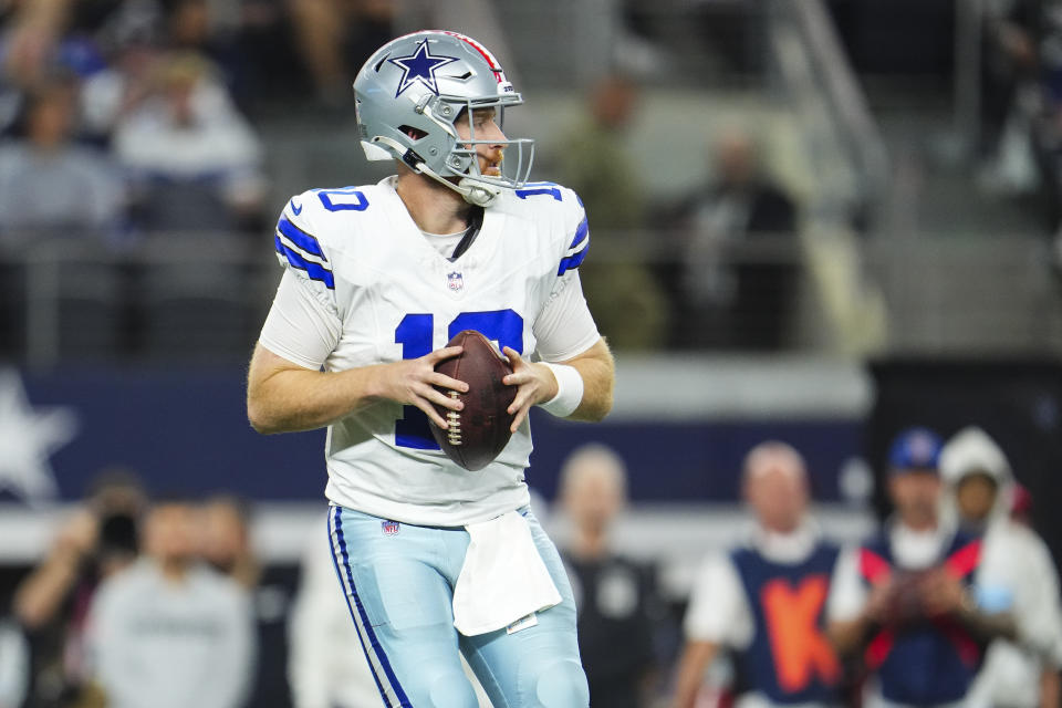 ARLINGTON, TX - NOVEMBER 10: Cooper Rush #10 of the Dallas Cowboys drops back to pass during an NFL football game against the Philadelphia Eagles at AT&T Stadium on November 10, 2024 in Arlington, Texas. (Photo by Cooper Neill/Getty Images)