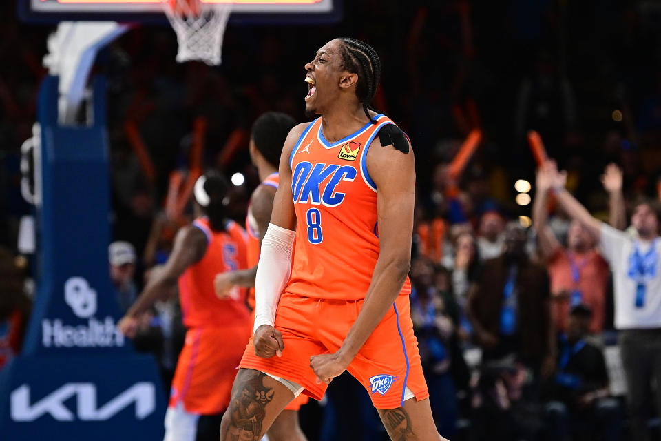 OKLAHOMA CITY, OKLAHOMA - NOVEMBER 11: Jalen Williams #8 of the Oklahoma City Thunder celebrates during the second half against the Los Angeles Clippers at Paycom Center on November 11, 2024 in Oklahoma City, Oklahoma. NOTE TO USER: User expressly acknowledges and agrees that, by downloading and or using this photograph, User is consenting to the terms and conditions of the Getty Images License Agreement. (Photo by Joshua Gateley/Getty Images)