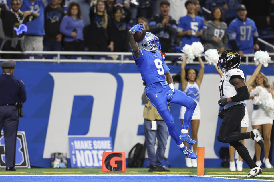 Jameson Williams of the Detroit Lions scores a touchdown on Nov. 17. (Kara Durrette/Getty Images)