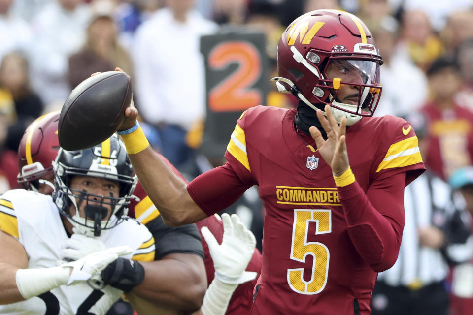 Washington Commanders quarterback Jayden Daniels (5) and his team have a huge challenge at Philadelphia. (AP Photo/Daniel Kucin Jr.)