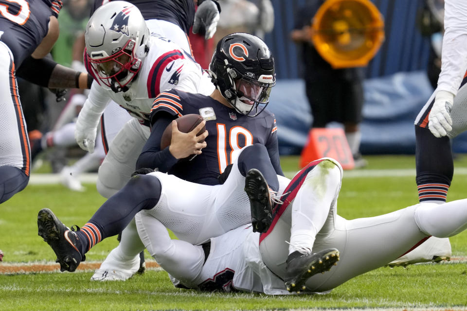 New England Patriots linebacker Anfernee Jennings sacks Chicago Bears quarterback Caleb Williams. (AP Photo/Nam Y. Huh)