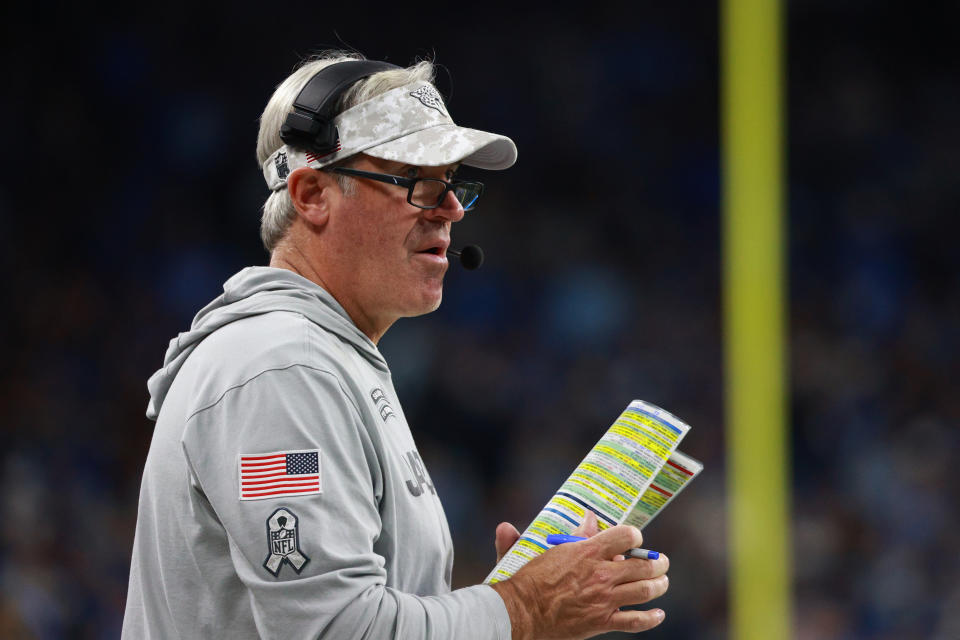 DETROIT,MICHIGAN-November 17: Jacksonville Jaguars head coach Doug Pederson looks on during the first half of an NFL football game between the Jacksonville Jaguars and the Detroit Lions in Detroit, Michigan USA, on Sunday, November 17, 2024 (Photo by Jorge Lemus/NurPhoto via Getty Images)