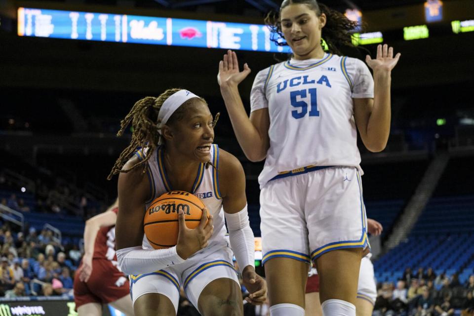 UCLA forward Janiah Barker grabs a rebound during the Bruins' win over Arkansas on Nov. 17.