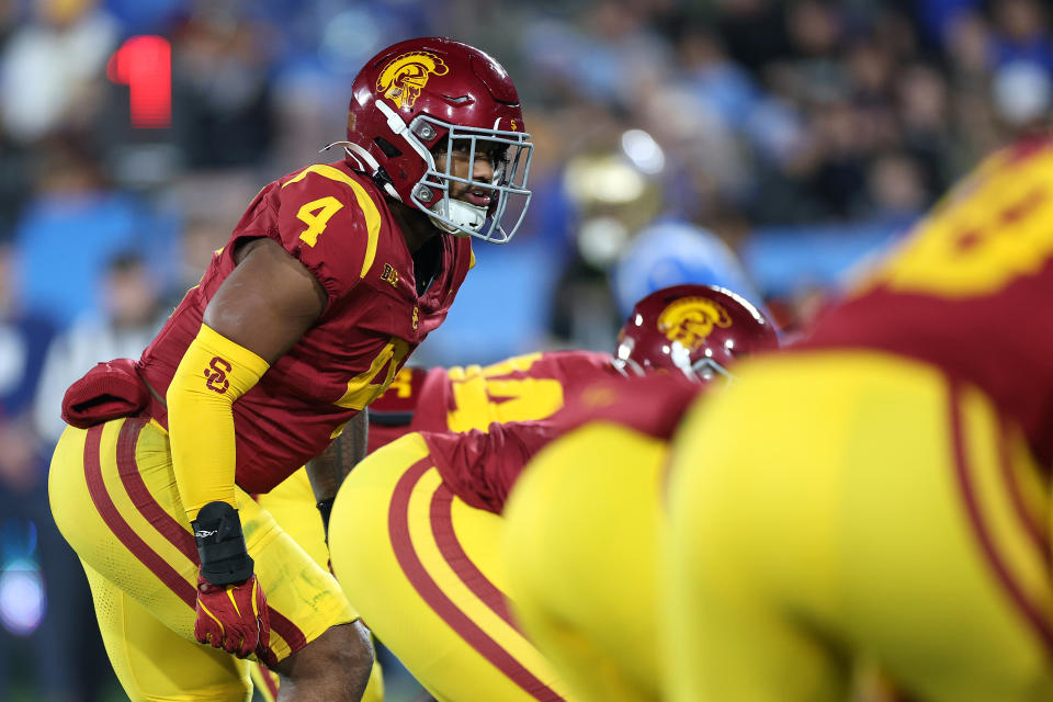 PASADENA, CALIFORNIA - NOVEMBER 23: Woody Marks #4 of the USC Trojans lines up for a play during the first half of a game against the UCLA Bruins at the Rose Bowl on November 23, 2024 in Pasadena, California. (Photo by Sean M. Haffey/Getty Images)