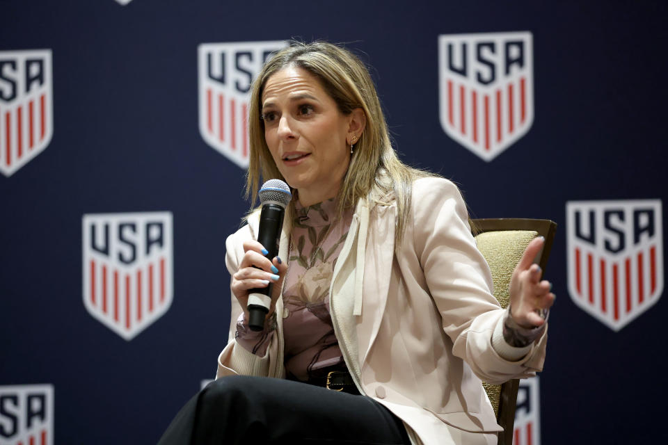 DALLAS, TEXAS - FEBRUARY 10: Commissioner of the National Women’s Soccer League Jessica Berman talks while on a panel discussion during the U.S. Soccer Annual General Meeting 2024 at Hilton Anatole at Hilton Anatole on February 10, 2024 in Dallas, Texas. (Photo by Tim Heitman/ISI Photos/USSF/Getty Images)