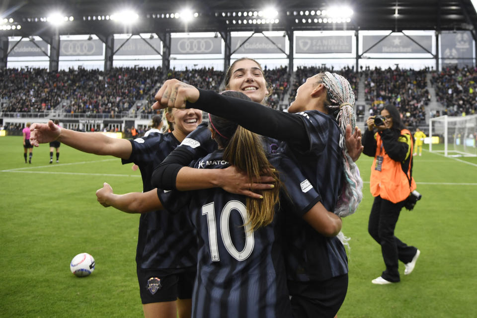 Nov 10, 2024; Washington, District of Columbia, USA; The Washington Spirit celebrate after defeating Bay FC in extra time in a 2024 NWSL Playoffs quarterfinal match at Audi Field. Mandatory Credit: Hannah Foslien-Imagn Images