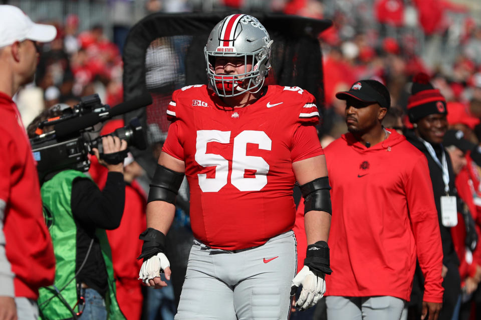 COLUMBUS, OH - NOVEMBER 09: Ohio State Buckeyes offensive lineman Seth McLaughlin (56) warms up before the game against the Purdue Boilermakers and the Ohio State Buckeyes on November 9, 2024, at Ohio Stadium in Columbus, OH. (Photo by Ian Johnson/Icon Sportswire via Getty Images)