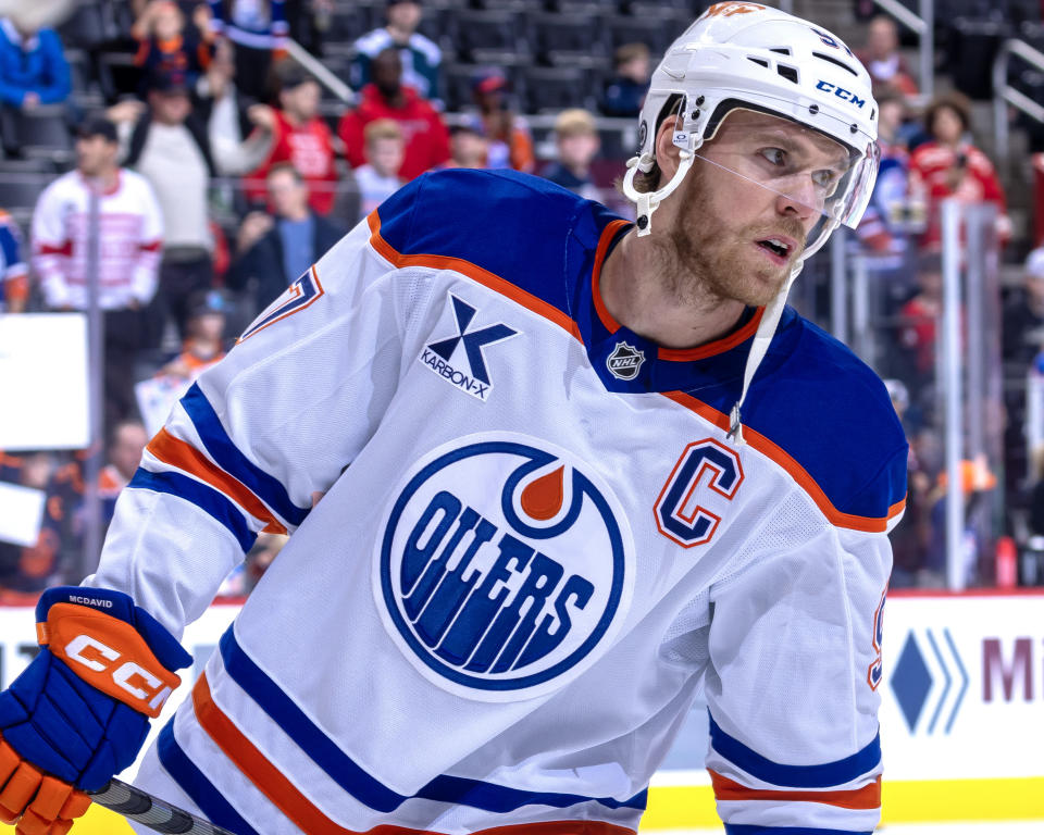 DETROIT, MICHIGAN - OCTOBER 27: Connor McDavid #97 of the Edmonton Oilers skates around during warm ups before the game against the Detroit Red Wings at Little Caesars Arena on October 27, 2024 in Detroit, Michigan. (Photo by Dave Reginek/NHLI via Getty Images)