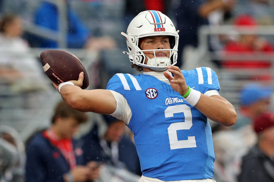 OXFORD, MISSISSIPPI - NOVEMBER 09: Jaxson Dart #2 of the Mississippi Rebels warms up before the game against the Georgia Bulldogs at Vaught-Hemingway Stadium on November 09, 2024 in Oxford, Mississippi. (Photo by Justin Ford/Getty Images)